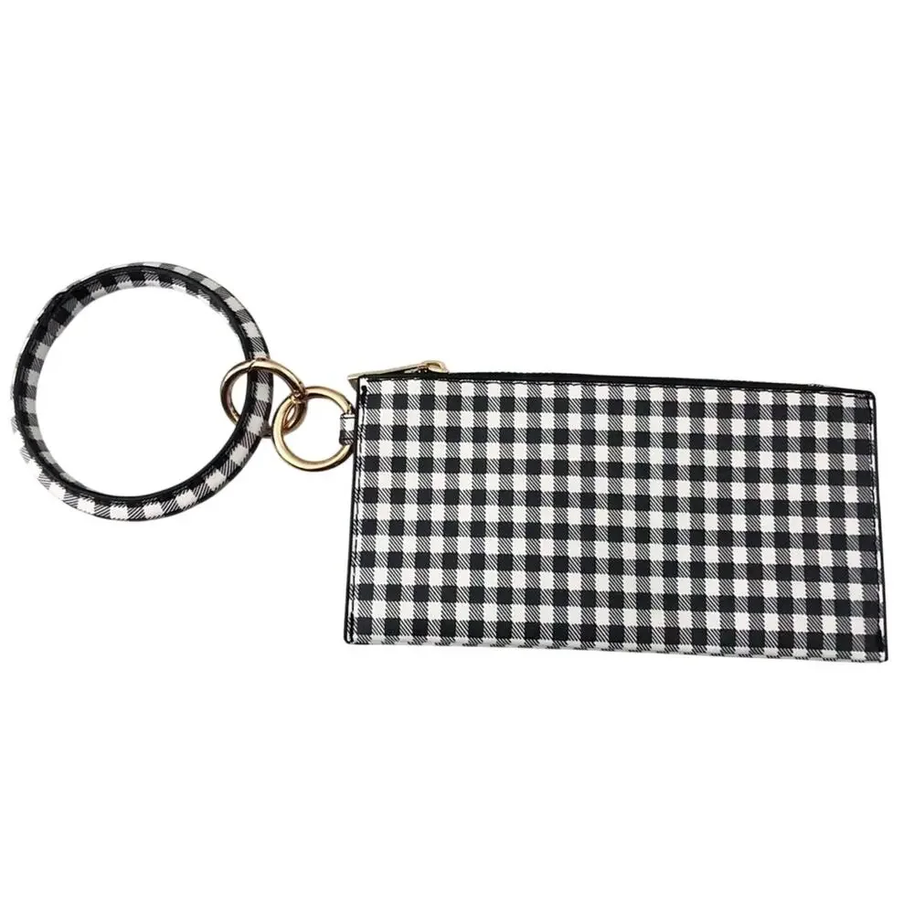 Black and White Gingham Print Wristlet Wallet with O Wristlet